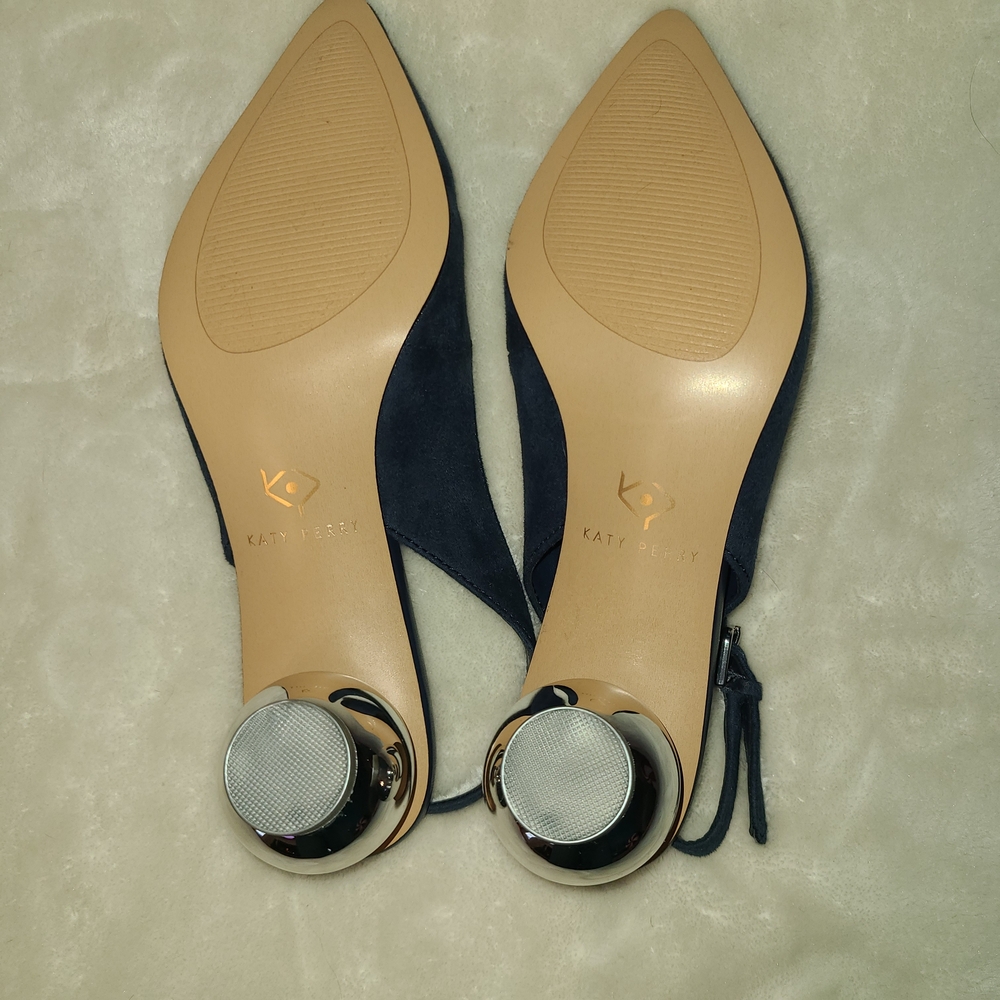 💙 Rare Katy Perry Navy Suede Slingback Heels Size 5 – Unique Silver Sphere Heel - Picture 5 of 8